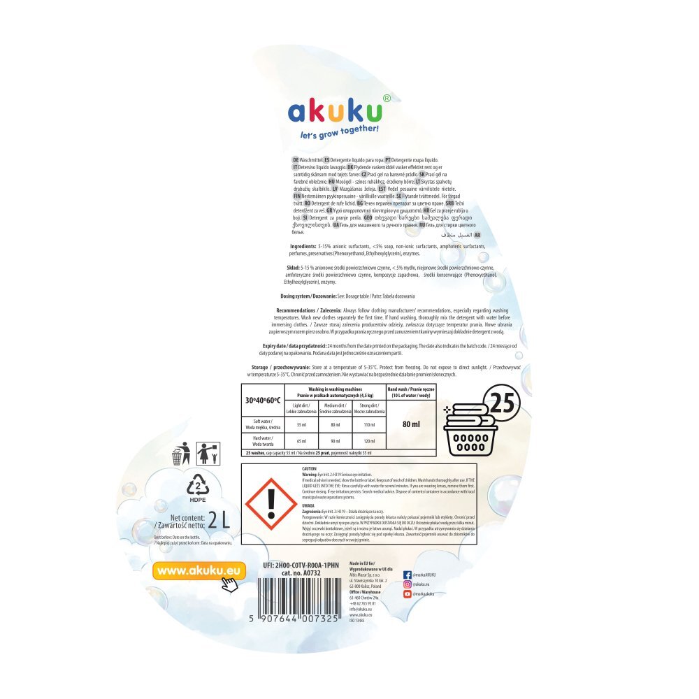 Akuku Detergent lichid pentru bebelusicopii 2L recomandat de la nastere potrivit pentru haine albecolor testat dermatologic