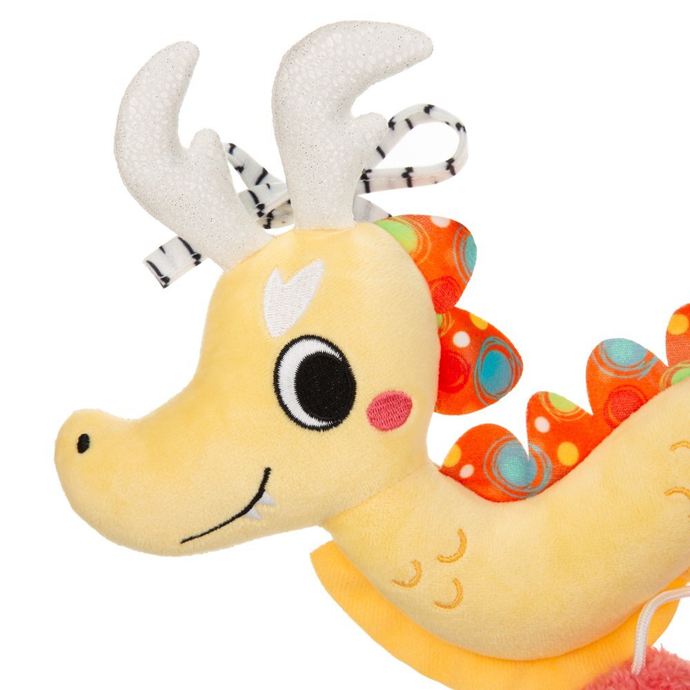 Akuku Jucarie de plus spirala senzoriala Dragonul Peek-a-Boo pentru caruciorpatutscoica autocu oglinda si zornaitoaredimensiune 30x25 cm