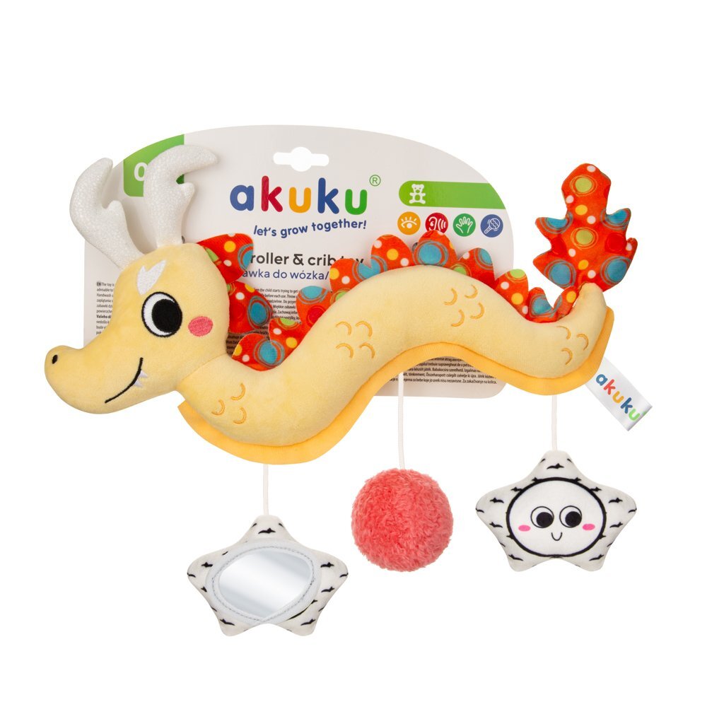 Akuku Jucarie de plus spirala senzoriala Dragonul Peek-a-Boo pentru caruciorpatutscoica autocu oglinda si zornaitoaredimensiune 30x25 cm