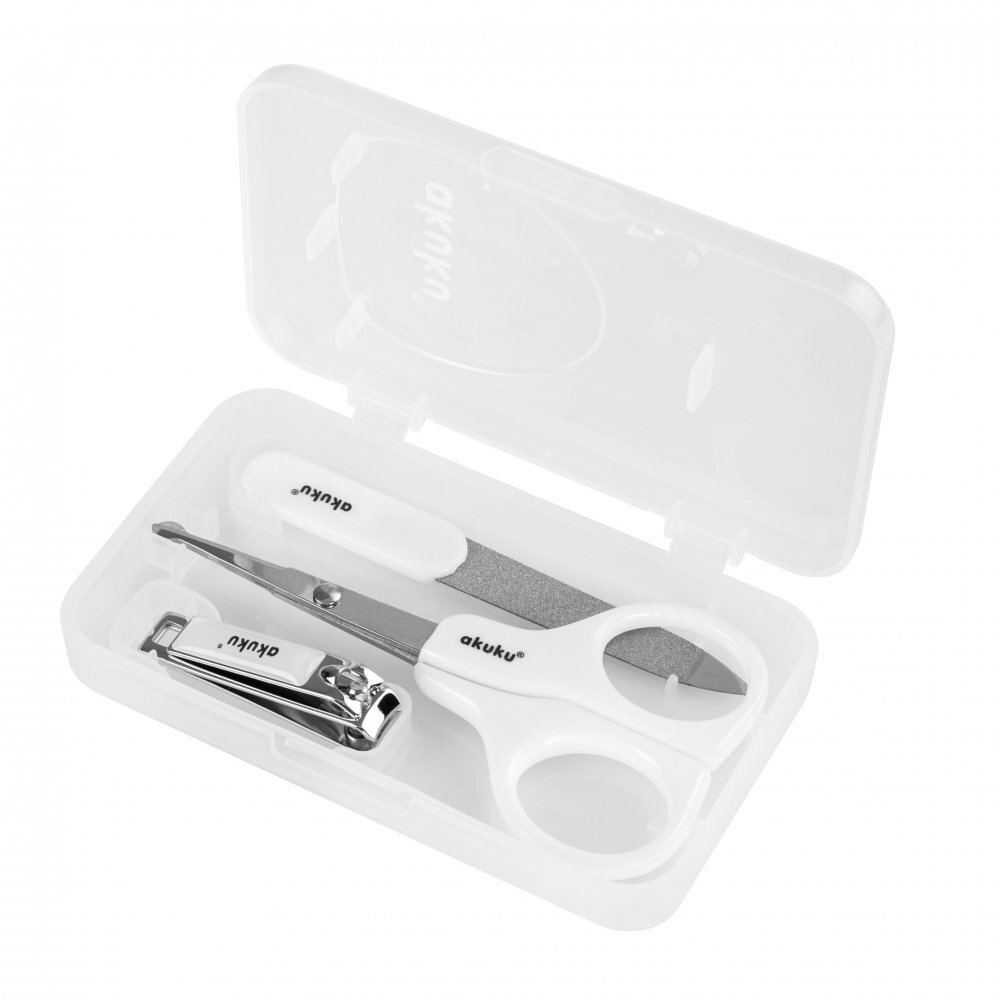 Akuku Kit de manichiura pentru bebelusi si copii White cu forfecutaunghiera din otel inoxidabil cu limitator si pila de unghiicutiuta depozitare inclusa