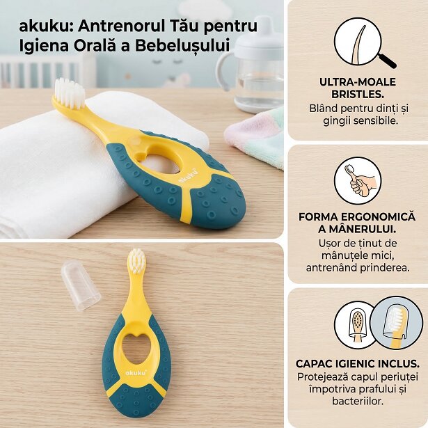 Akuku Periuta de dinti First brush AlbastruGalben pentru bebelusi si copiiperi moimaner siliconcapac inclusrecomandat pentru 0-2 ani