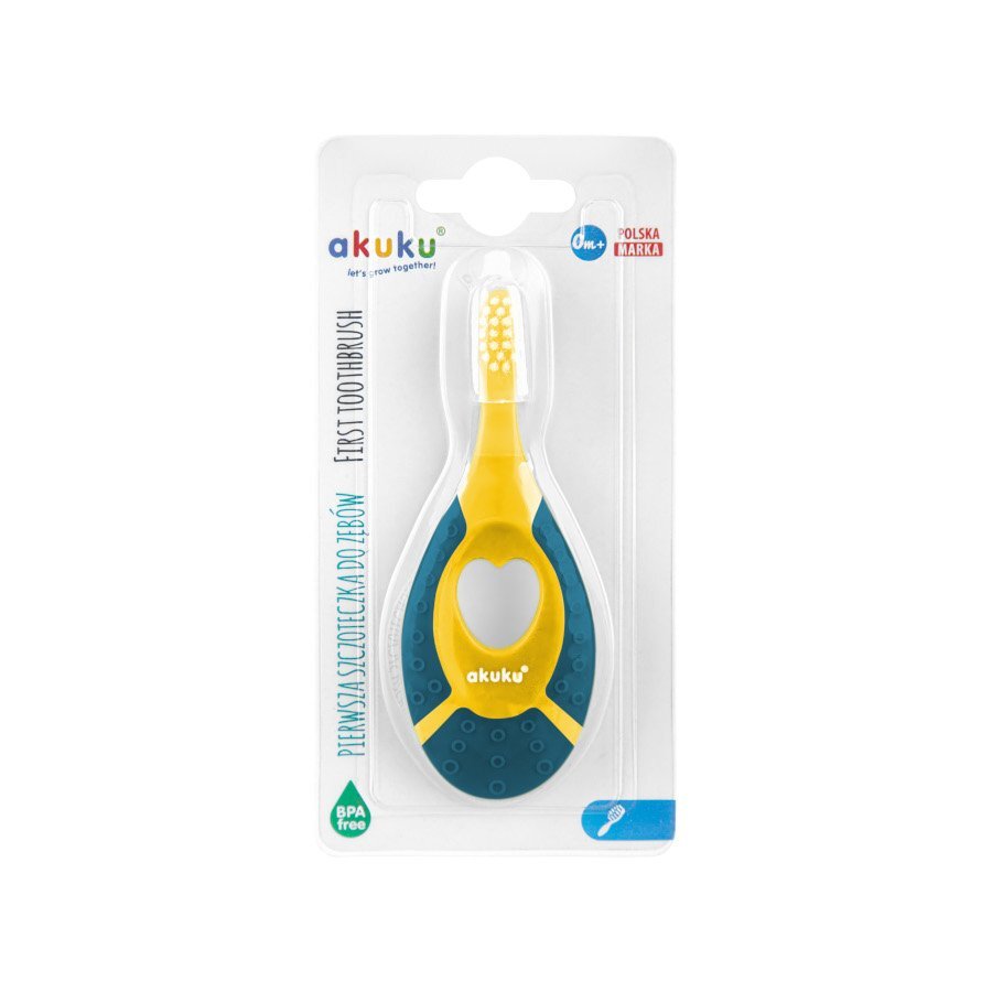 Akuku Periuta de dinti First brush AlbastruGalben pentru bebelusi si copiiperi moimaner siliconcapac inclusrecomandat pentru 0-2 ani