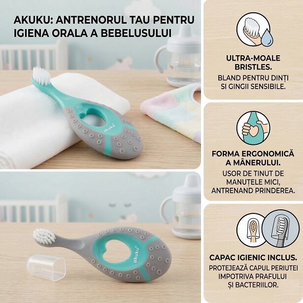 Akuku Periuta de dinti First brush MintGri pentru bebelusi si copiiperi moimaner siliconcapac inclusrecomandat pentru 0-2 ani