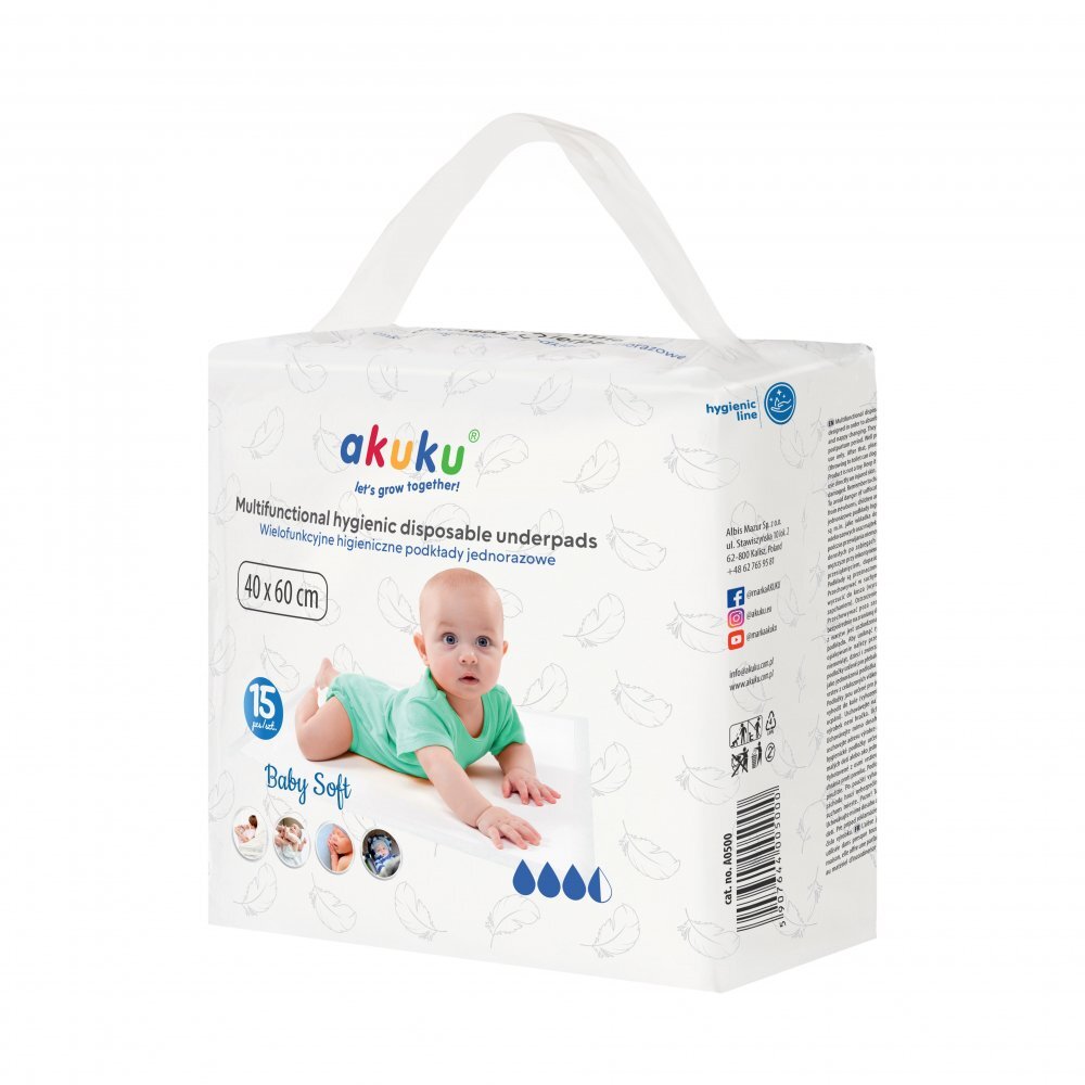 Akuku Set 15 aleze de unica folosinta Baby Soft 40 x 60 cmperfect pentru protejarea saltelei de murdariestrat superior delicatfabricata din opt straturi protejeaza bine impotriva umezelii