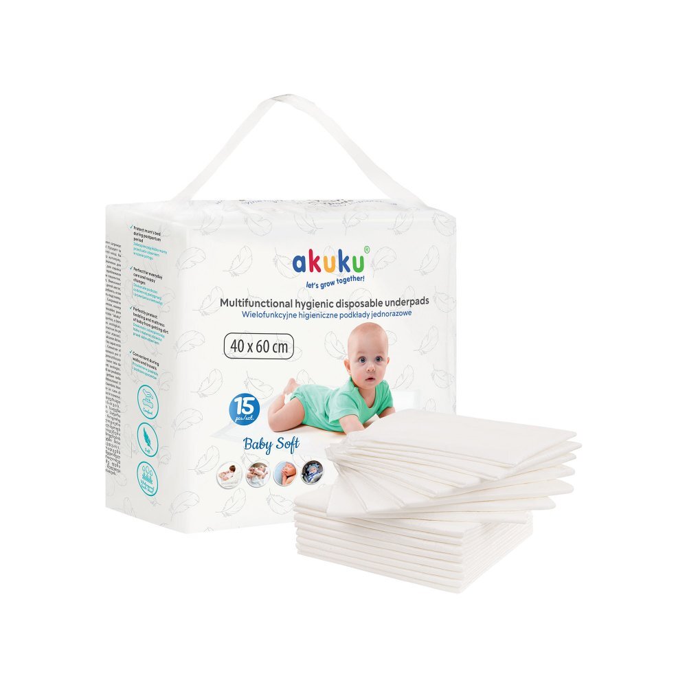 Akuku Set 15 aleze de unica folosinta Baby Soft 40 x 60 cmperfect pentru protejarea saltelei de murdariestrat superior delicatfabricata din opt straturi protejeaza bine impotriva umezelii