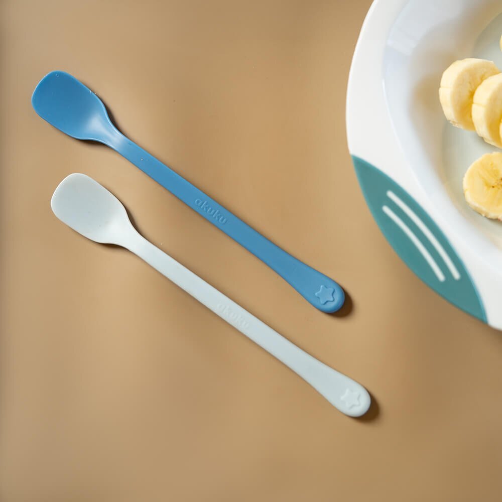 Akuku Set 2 lingurite pentru bebelusi First Blueforma specialamateriale sigure fara BPAmaner confortabil
