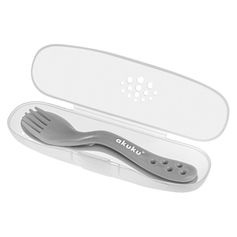 Akuku Set 2 tacamuri Gri in cutiuta transparenta de depozitaremateriale sigure fara BPAforme rotunjite sigure pentru gingiile copiilorpotrivit in calatorii si acasa