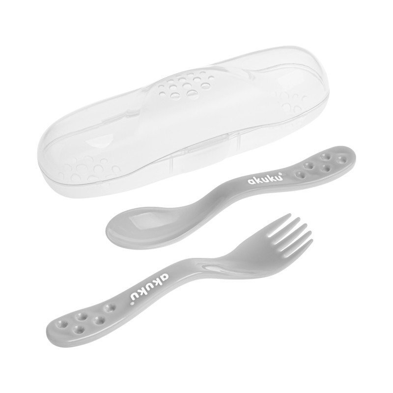 Akuku Set 2 tacamuri Gri in cutiuta transparenta de depozitaremateriale sigure fara BPAforme rotunjite sigure pentru gingiile copiilorpotrivit in calatorii si acasa
