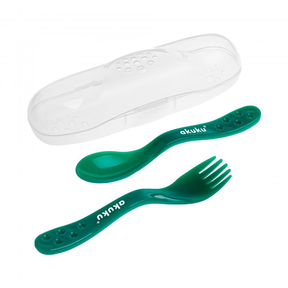 Akuku Set 2 tacamuri Verde in cutiuta transparenta de depozitaremateriale sigure fara BPAforme rotunjite sigure pentru gingiile copiilorpotrivit in calatorii si acasa