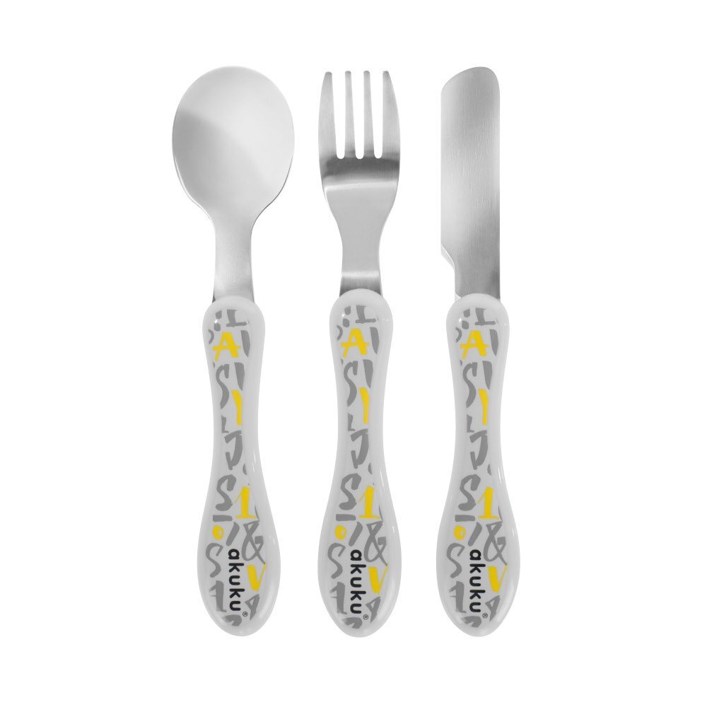 Akuku Set 3 tacamuri din inox pentru copii contine furculitacutit si lingurarecomandat copiilor peste 9 lunimaterialotel inoxidabil de inalta calitatefara BPA