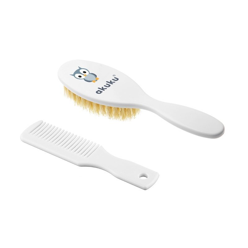 Akuku Set perie de par si pieptene cu peri naturali Bufnita Alb