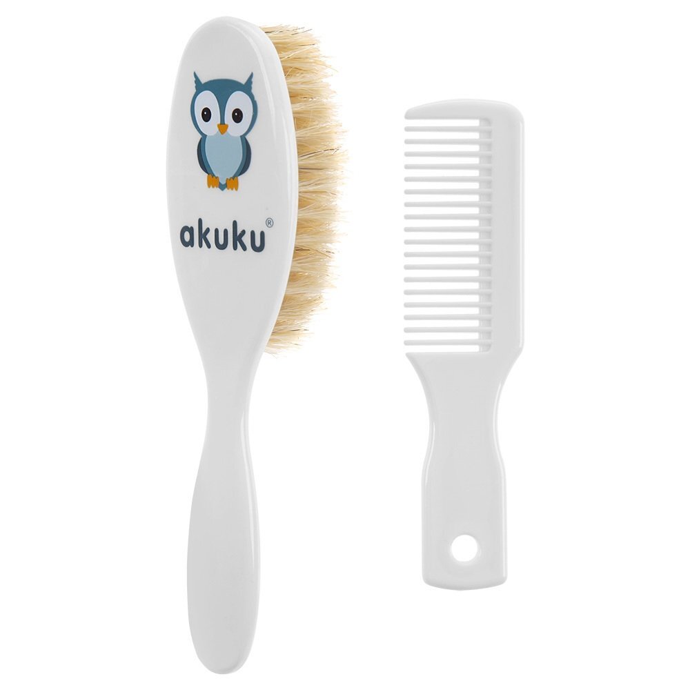 Akuku Set perie de par si pieptene cu peri naturali Bufnita Alb