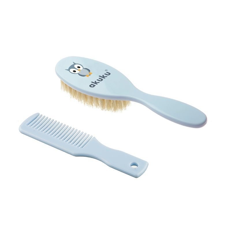 Akuku Set perie de par si pieptene cu peri naturali Bufnita Albastru