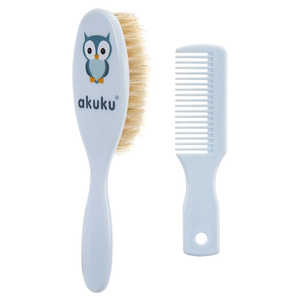 Akuku Set perie de par si pieptene cu peri naturali Bufnita Albastru