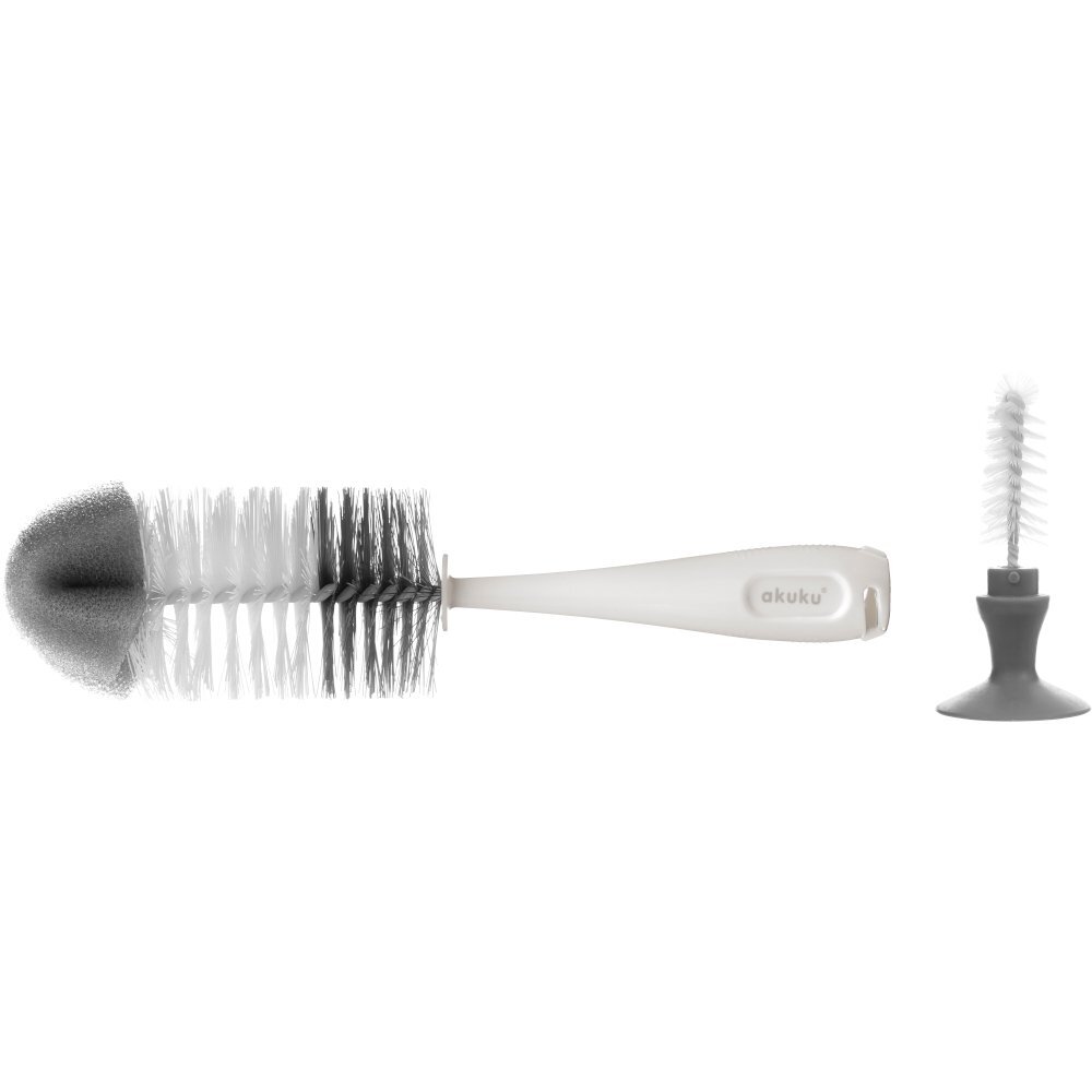 Akuku Set perii pentru biberoane si tetine Gri cu burete incorporat si ventuza fixare fara bpa dimensiune 26x11x6 cm