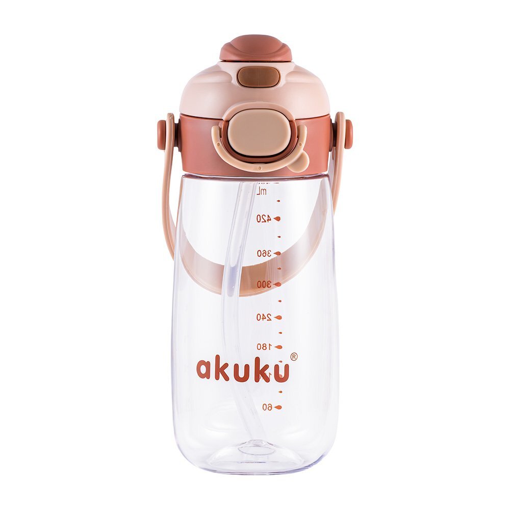 Akuku Sticla de apa pentru copii Cappuccino cu pai utilizare gradinitascoala sistem dublu de utilizare material tritan capacitate 480ml prevazuta cu maner si curea transport inchidere de siguranta