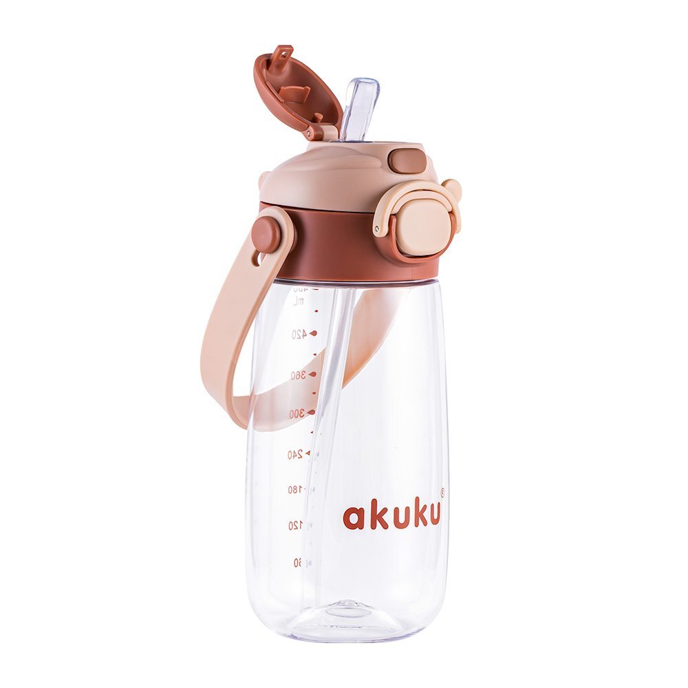 Akuku Sticla de apa pentru copii Cappuccino cu pai utilizare gradinitascoala sistem dublu de utilizare material tritan capacitate 480ml prevazuta cu maner si curea transport inchidere de siguranta