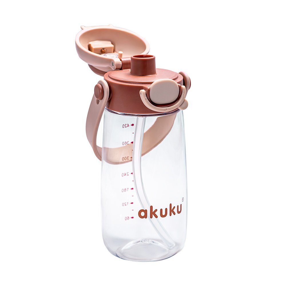 Akuku Sticla de apa pentru copii Cappuccino cu pai utilizare gradinitascoala sistem dublu de utilizare material tritan capacitate 480ml prevazuta cu maner si curea transport inchidere de siguranta