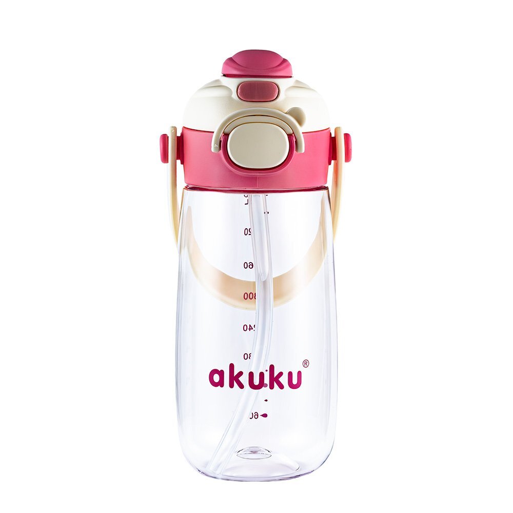 Akuku Sticla de apa pentru copii Roz cu pai utilizare gradinitascoala sistem dublu de utilizare material tritan capacitate 480ml prevazuta cu maner si curea transport inchidere de siguranta