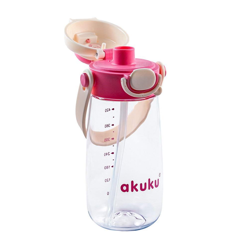 Akuku Sticla de apa pentru copii Roz cu pai utilizare gradinitascoala sistem dublu de utilizare material tritan capacitate 480ml prevazuta cu maner si curea transport inchidere de siguranta