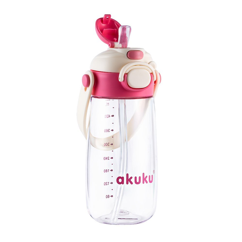 Akuku Sticla de apa pentru copii Roz cu pai utilizare gradinitascoala sistem dublu de utilizare material tritan capacitate 480ml prevazuta cu maner si curea transport inchidere de siguranta