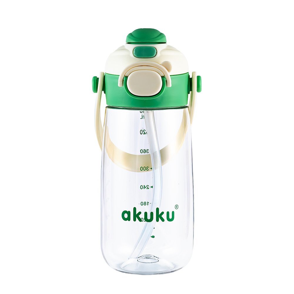 Akuku Sticla de apa pentru copii Verde cu pai utilizare gradinitascoala sistem dublu de utilizare material tritan capacitate 480ml prevazuta cu maner si curea transport inchidere de siguranta