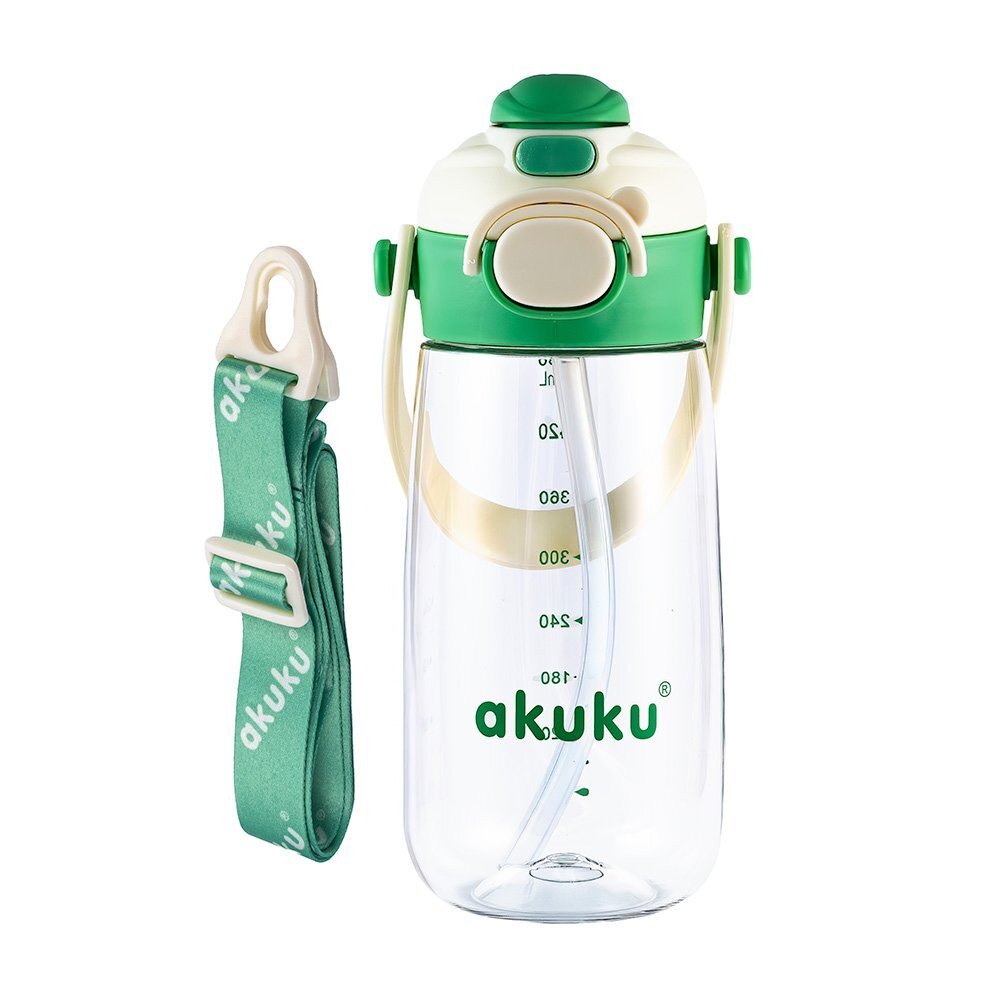 Akuku Sticla de apa pentru copii Verde cu pai utilizare gradinitascoala sistem dublu de utilizare material tritan capacitate 480ml prevazuta cu maner si curea transport inchidere de siguranta