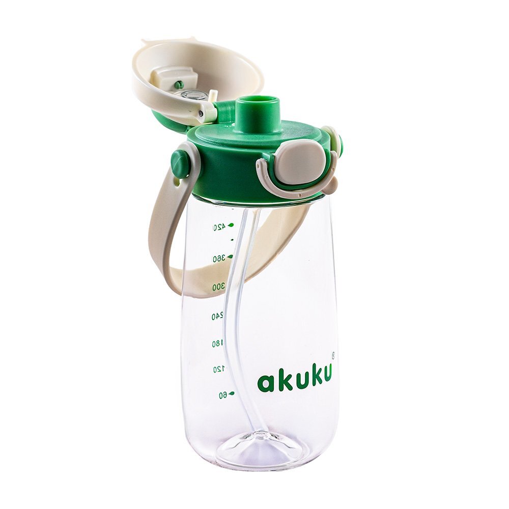 Akuku Sticla de apa pentru copii Verde cu pai utilizare gradinitascoala sistem dublu de utilizare material tritan capacitate 480ml prevazuta cu maner si curea transport inchidere de siguranta