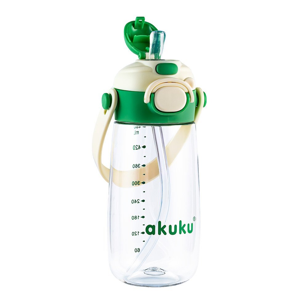 Akuku Sticla de apa pentru copii Verde cu pai utilizare gradinitascoala sistem dublu de utilizare material tritan capacitate 480ml prevazuta cu maner si curea transport inchidere de siguranta