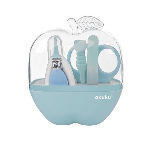 Akuku Trusa de manichiura pentru bebelusi si copii Apple Albastru in cutiuta depozitarefoarfeca cu varf rotunjiteunghiera cu limitator