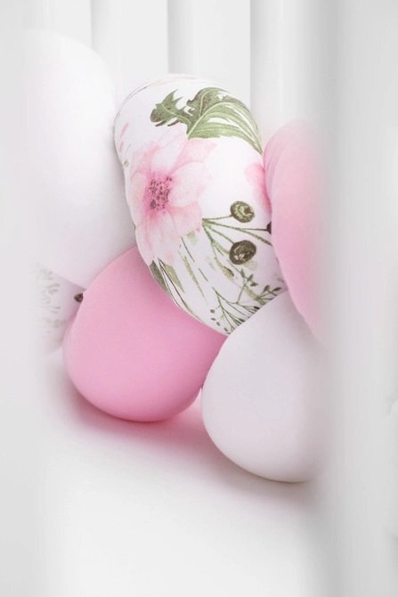 AMY Aparatoare laterala pat bumper impletit bumbac alb - roz - flori 340X21 cm