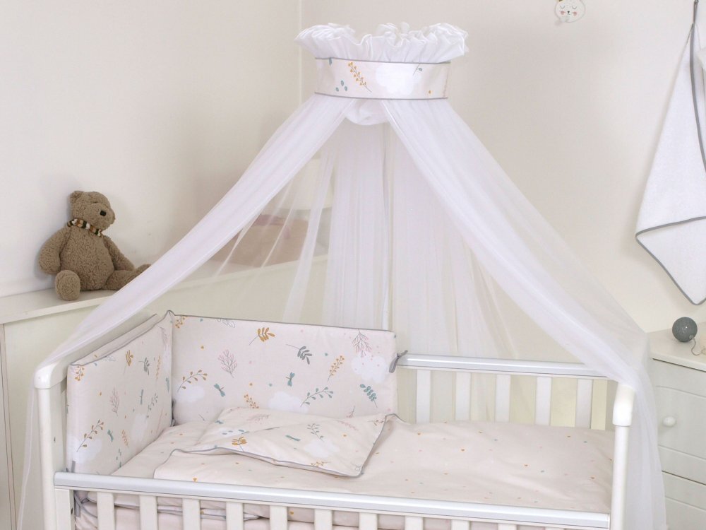AMY Baldachin din tul pentru patut bebe Airy Beige 160 x 600 cm suport prindere inclus