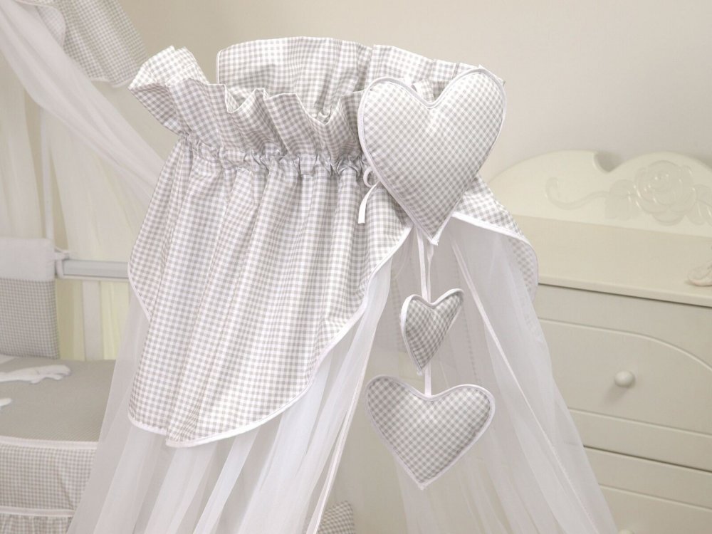 AMY Baldachin din tul pentru patut bebe Bear Heart Gri 160 x 600 cm suport de prindere inclus