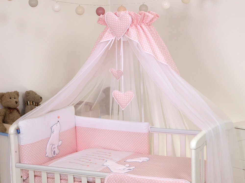 AMY Baldachin din tul pentru patut bebe Bear Heart Pink 160x600 cm
