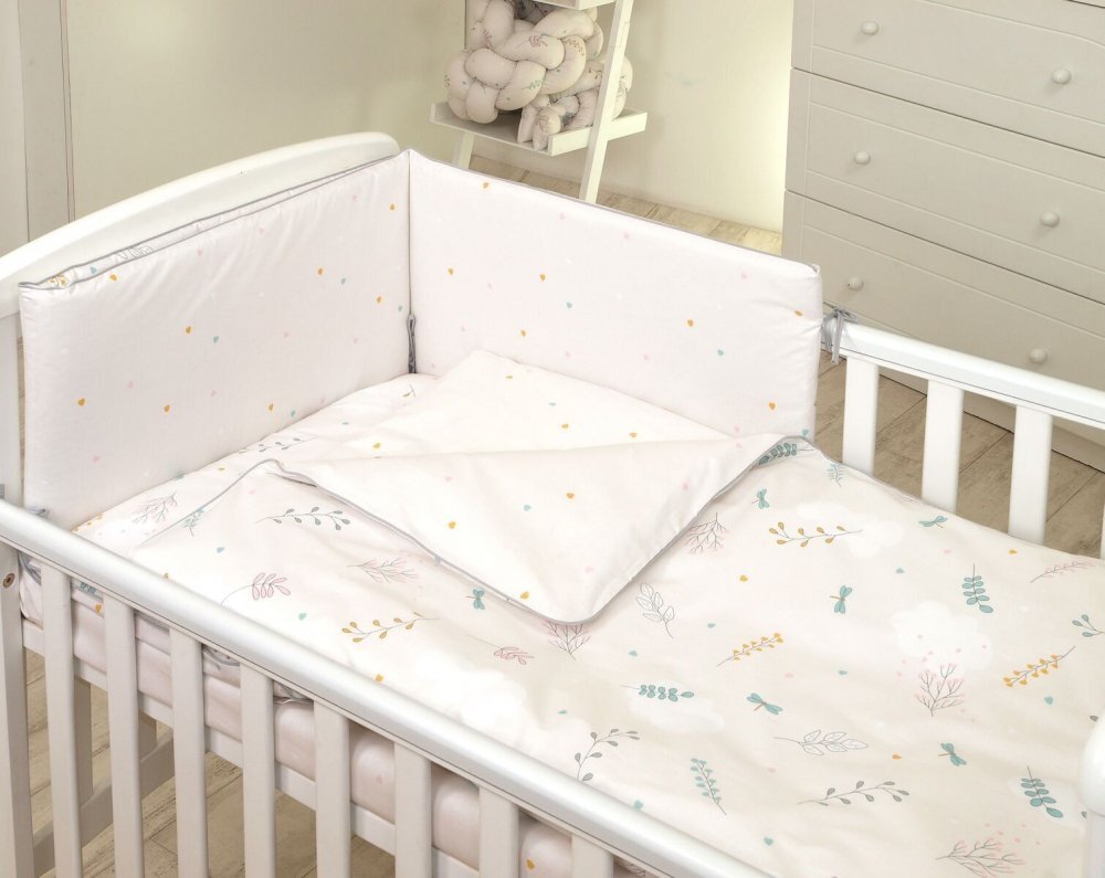 AMY Set lenjerie din bumbac cu protectie laterala fata dubla pentru pat bebelusi 120 x 60 cm Airy Beige