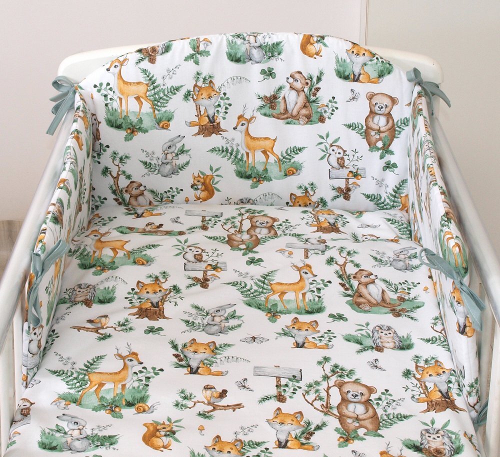 AMY Set lenjerie din bumbac cu protectie laterala pentru pat bebe 120 x 60 cm Animalute de padure