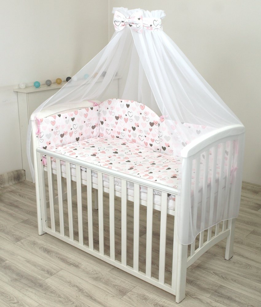 AMY Set lenjerie din bumbac cu protectie laterala pentru pat bebe 120 x 60 cm Inimioare