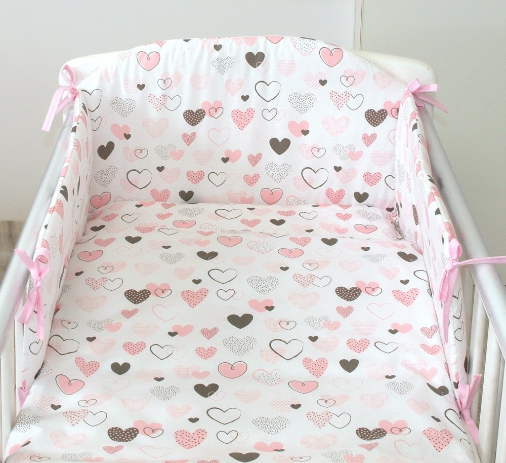 AMY Set lenjerie din bumbac cu protectie laterala pentru pat bebe 120 x 60 cm Inimioare