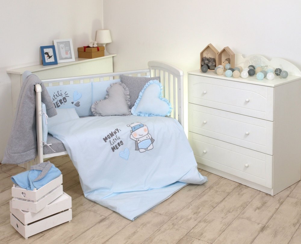 AMY Set lenjerie din bumbac cu protectie laterala pentru pat bebelusi Hero Blue 120 x 60 cm