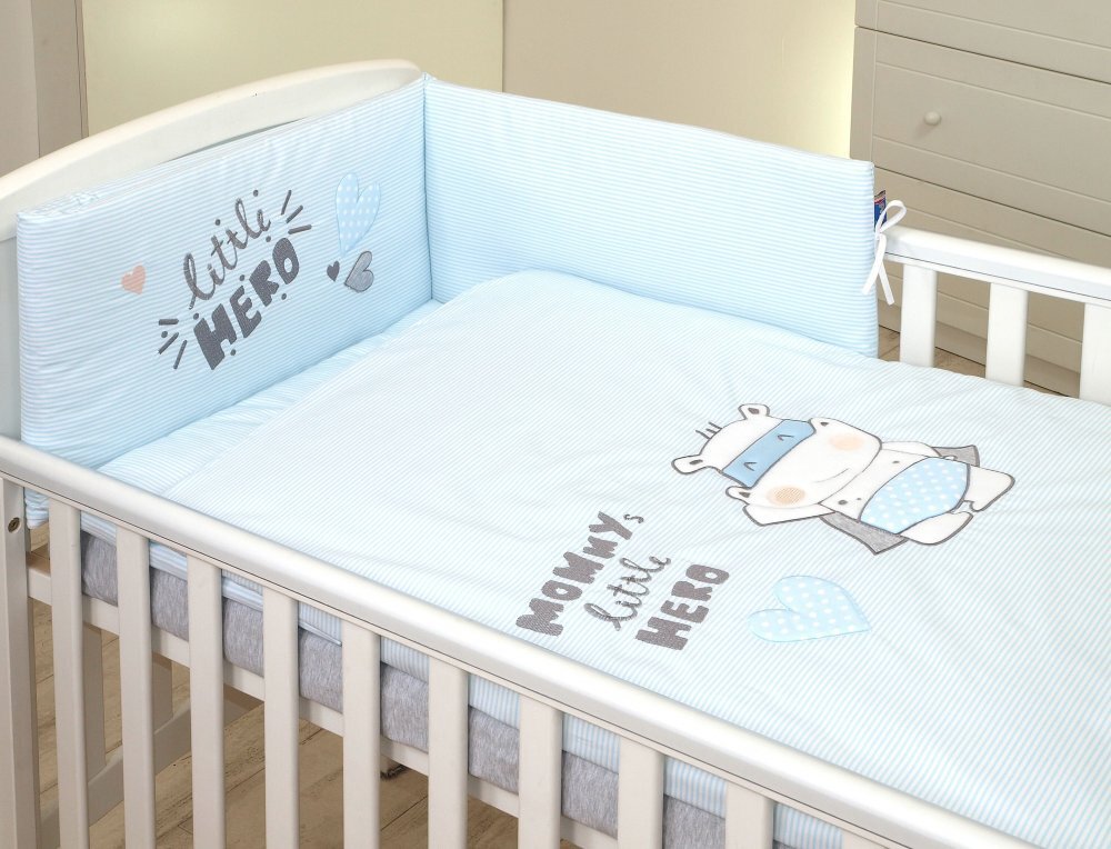 AMY Set lenjerie din bumbac cu protectie laterala pentru pat bebelusi Hero Blue 120 x 60 cm