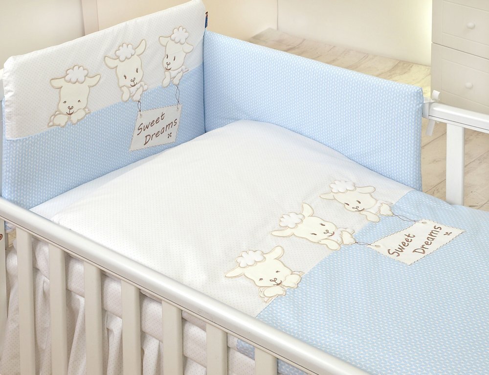 AMY Set lenjerie din bumbac cu protectie laterala pentru pat bebelusi Sweet Dreams Blue 120x60 cm