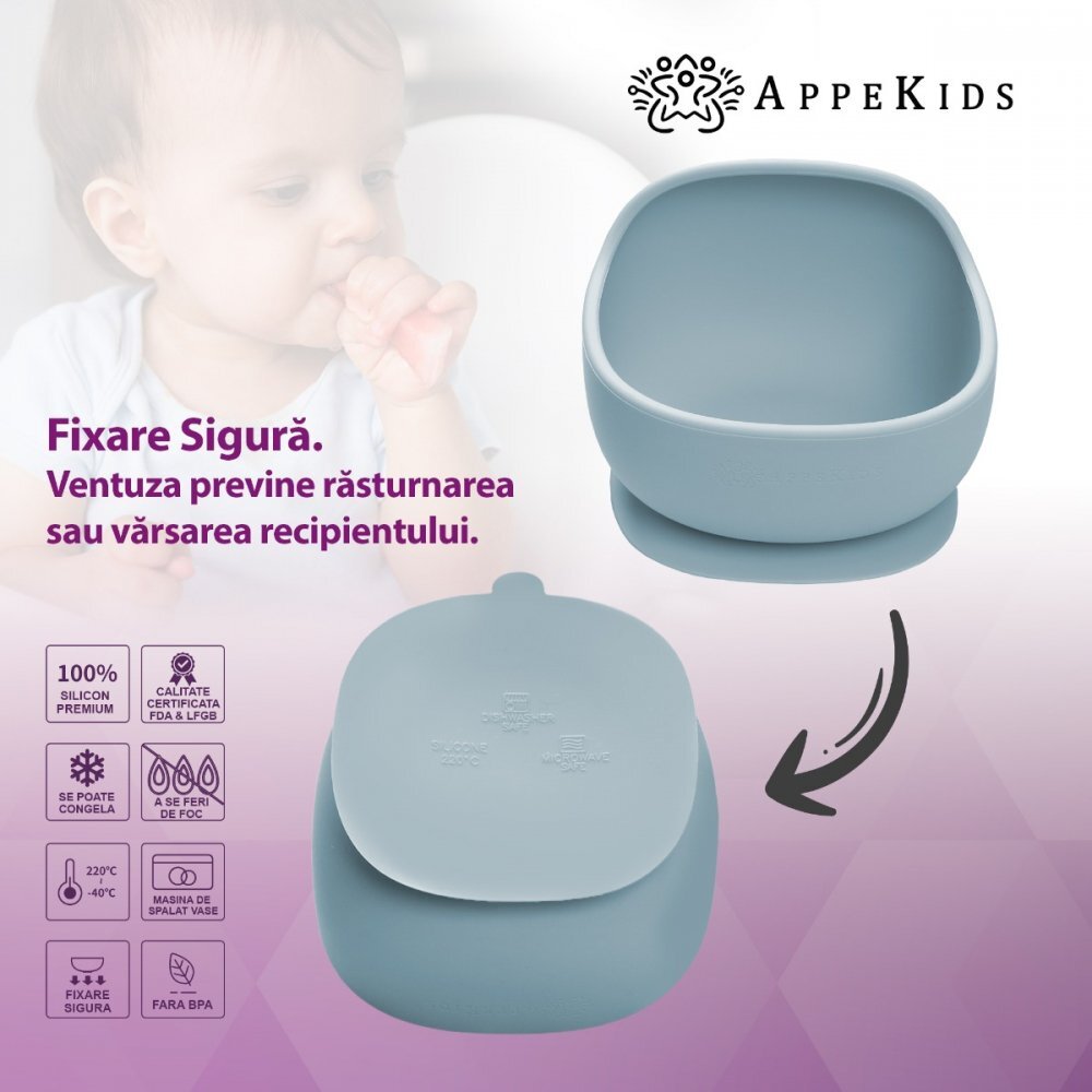 APPEKIDS Bol din silicon cu ventuza Classic Aqua Blue