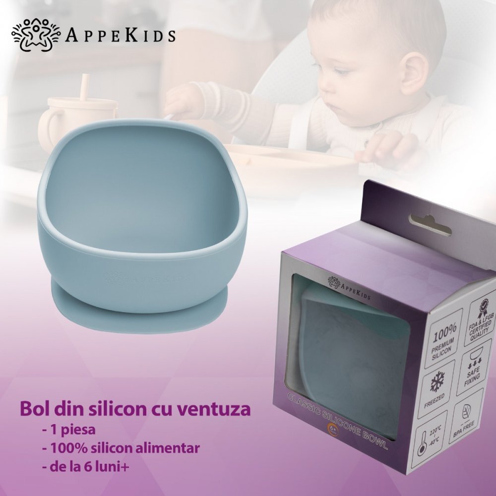 APPEKIDS Bol din silicon cu ventuza Classic Aqua Blue