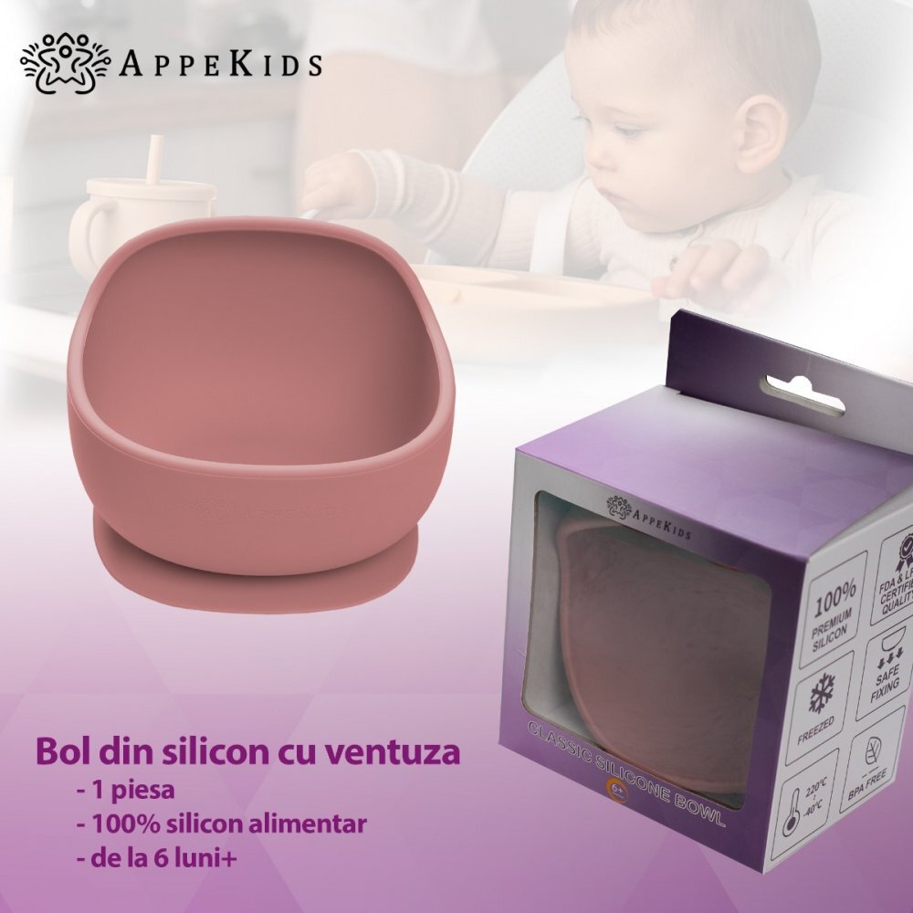 APPEKIDS Bol din silicon cu ventuza Classic Old Rose