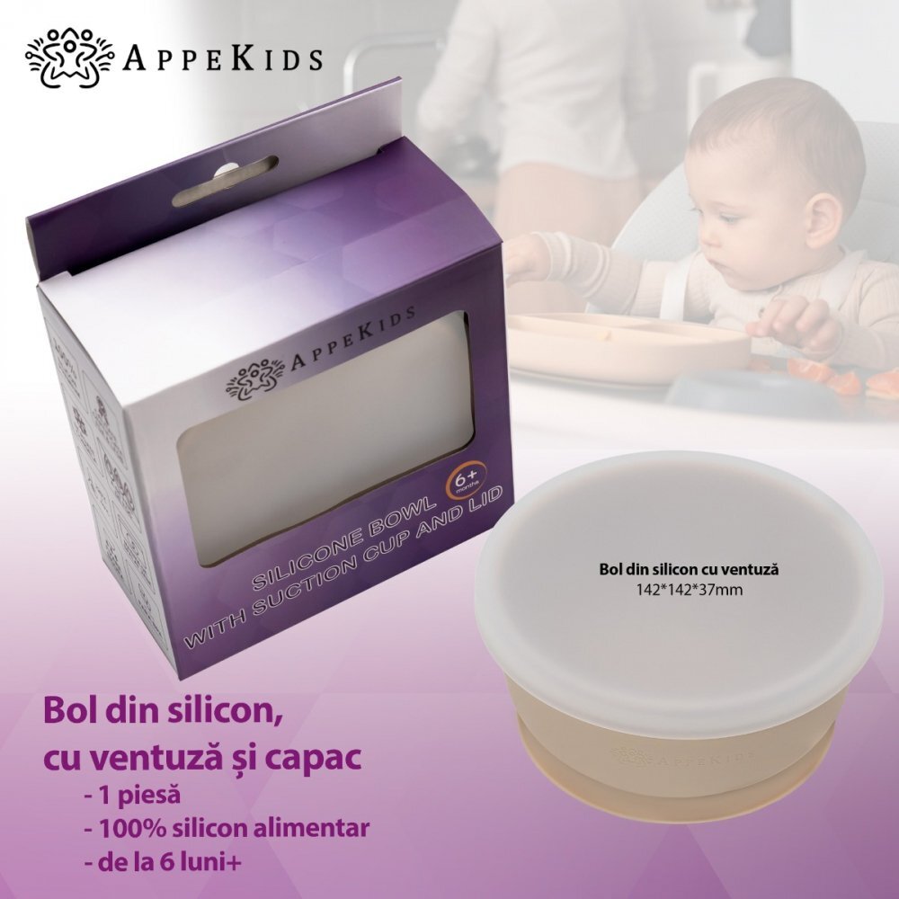 APPEKIDS Bol din silicon cu ventuza si capac Bubble Beige