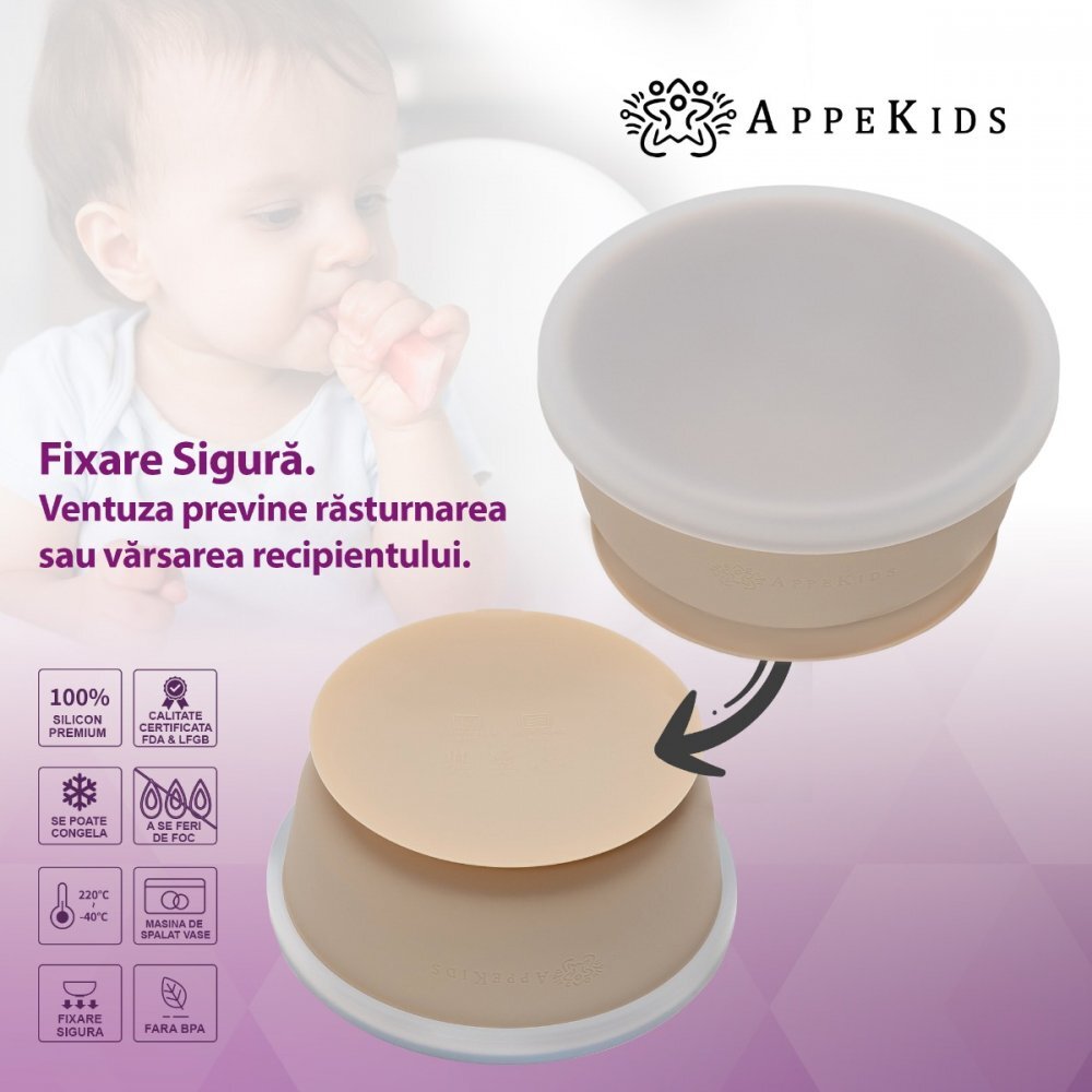APPEKIDS Bol din silicon cu ventuza si capac Bubble Beige