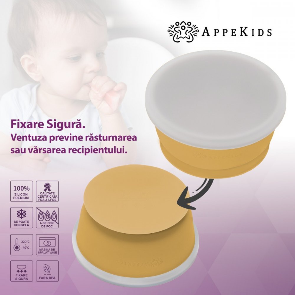 APPEKIDS Bol din silicon cu ventuza si capac Honey