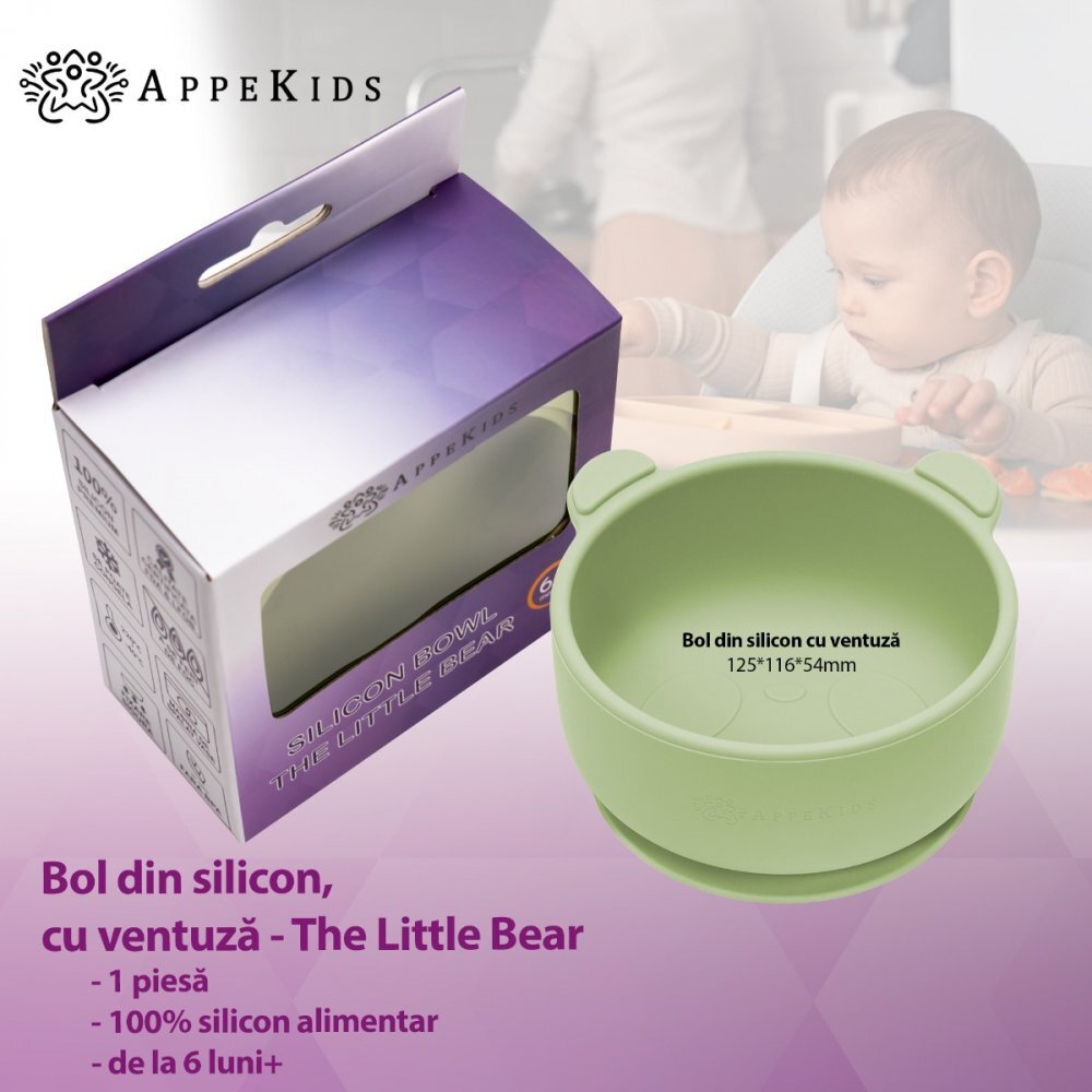 APPEKIDS Bol din silicon cu ventuza The Little Bear Raw Green