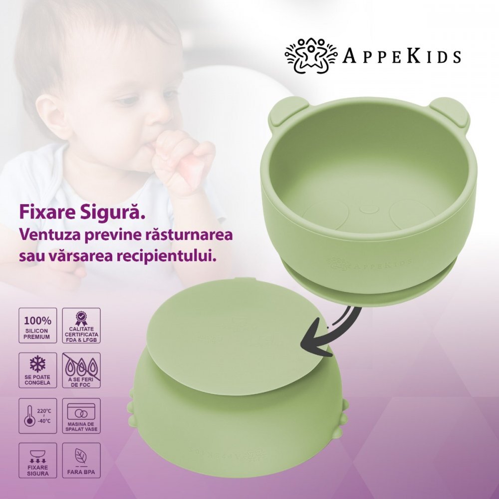 APPEKIDS Bol din silicon cu ventuza The Little Bear Raw Green