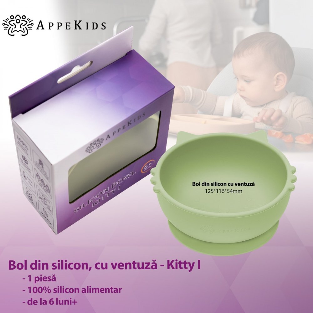 APPEKIDS Bol din silicon Kitty I Raw Green